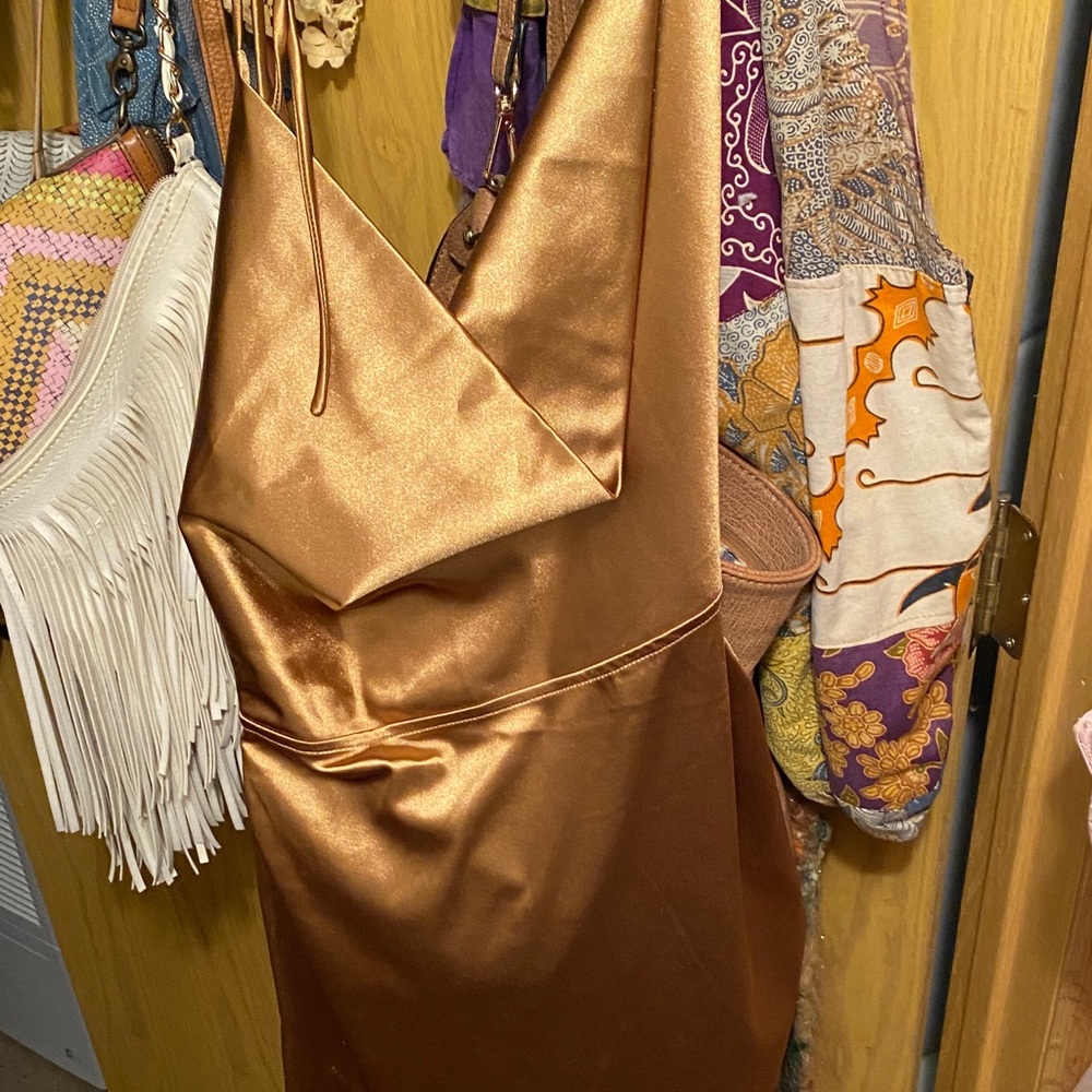 Hello Molly One-Shoulder Satin Dress in Metallic Copper open back